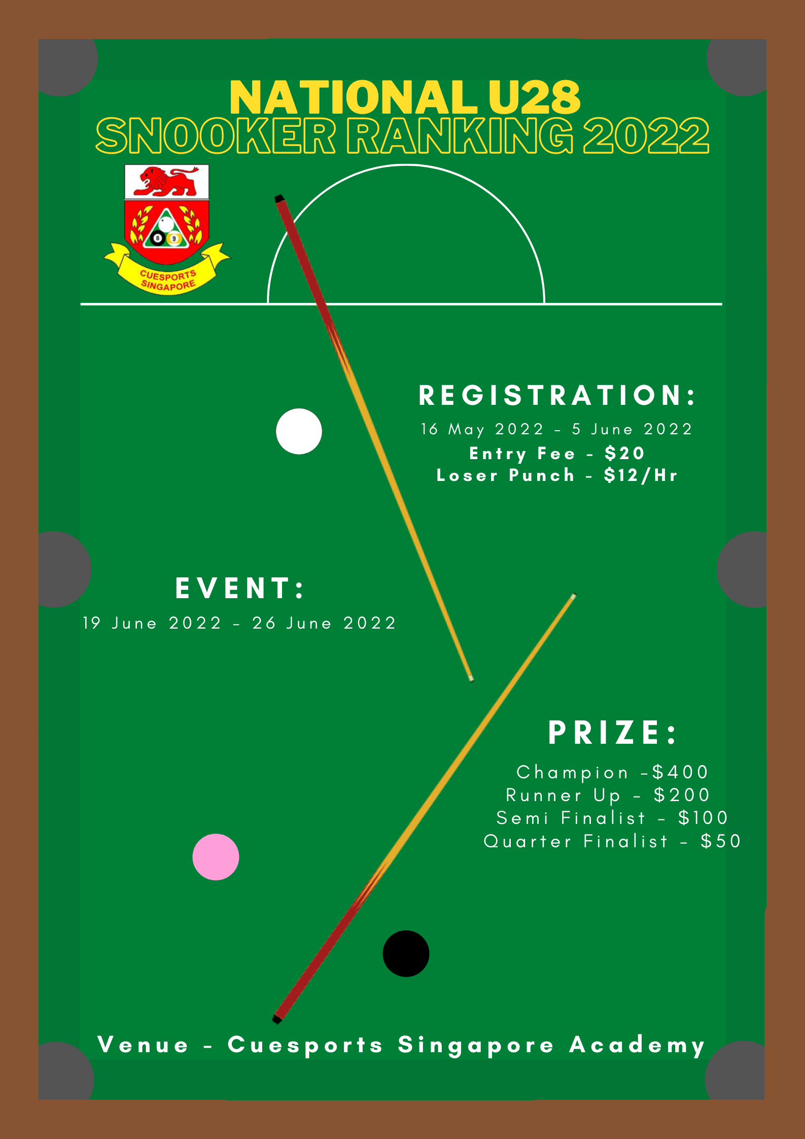 National U28 Snooker Ranking 2022 Cuesports Singapore