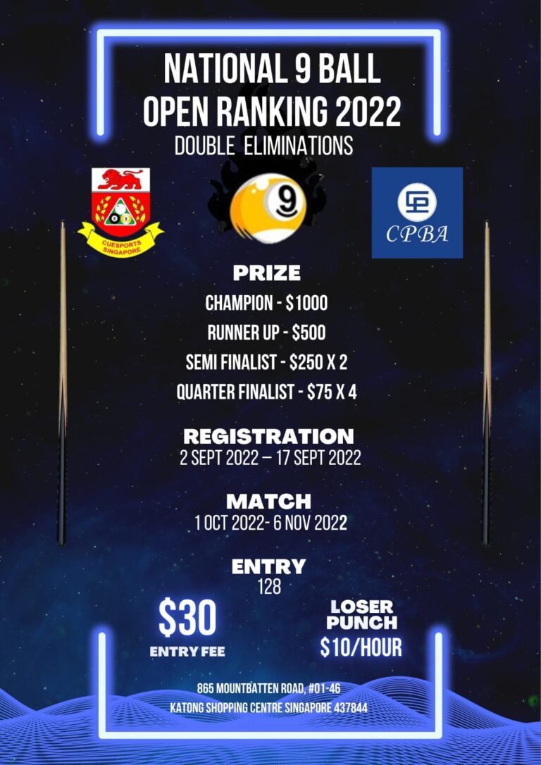 National 9 Ball Open Ranking 2022 Cuesports Singapore